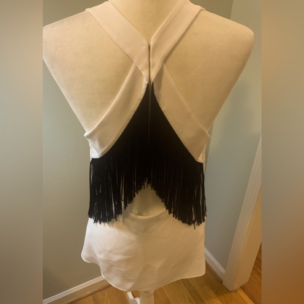 BCBGMaxAzria white w/black fringe halter top, size S
